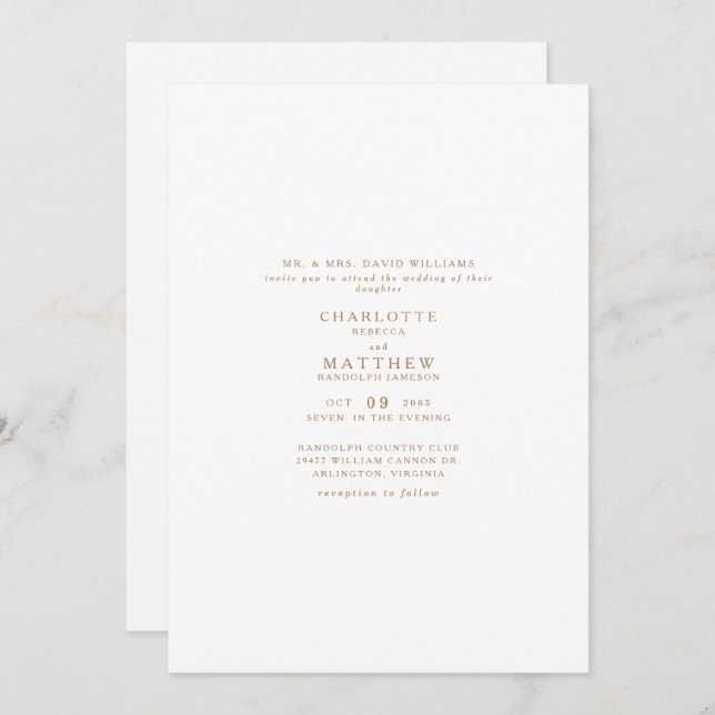 Simple Gold Text Only White Wedding Invitation (Front/Back)