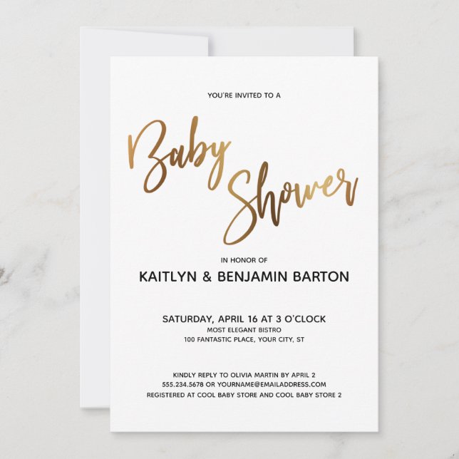 Simple Gold Typography Baby Shower Invitation (Front)