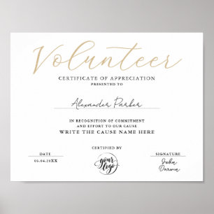 Simple Gold Volunteer Certificate Of Appreciation Poster