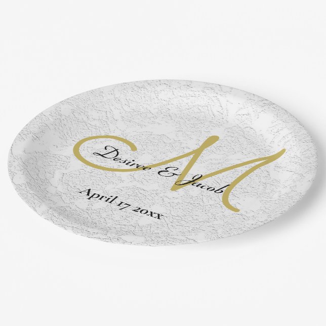 Simple Gold White Black Elegant Wedding Monogram Paper Plate (Angled)