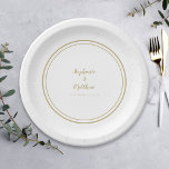 Simple Gold White Bride & Groom Wedding Paper Plate<br><div class="desc">A simple and modern gold border frames these elegant 7-inch wedding party plates, featuring the couple’s first names and event date in timeless gold-tone lettering and script on a crisp white background. The clean double‑frame design creates a chic, minimalist look perfect for engagement parties, couples showers, rehearsal dinners, dessert tables,...</div>