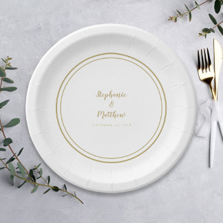 Simple Gold White Bride & Groom Wedding Paper Plate