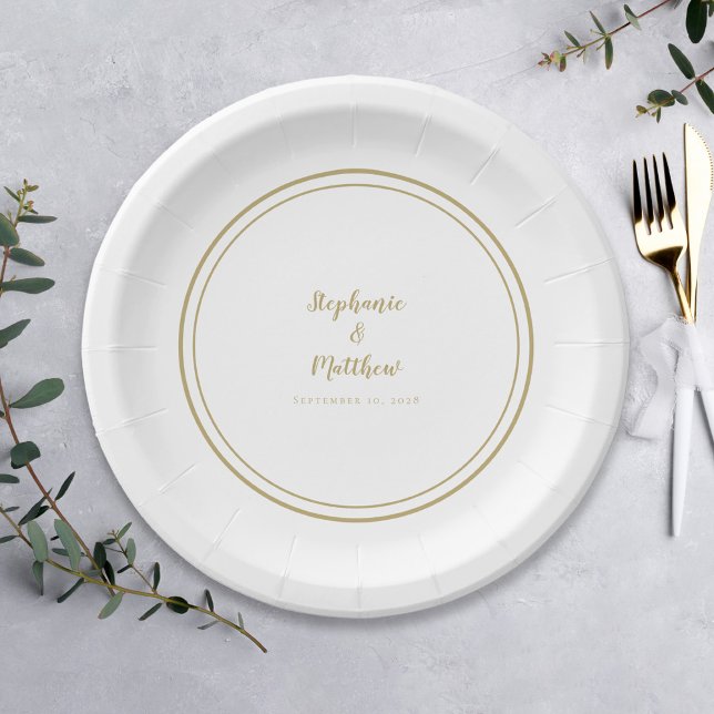 Simple Gold White Bride & Groom Wedding Paper Plate (Creator Uploaded)