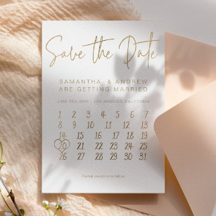 Simple gold white calendar save the date announcement postcard