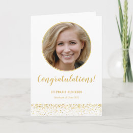 Simple Gold White Confetti Photo Graduation  Card