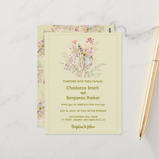 Simple Gold wildflowers bouquet floral wedding Postcard (Front/Back In Situ)