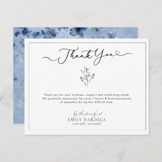 Simple Golden Blue Floral Funeral Thank You Card