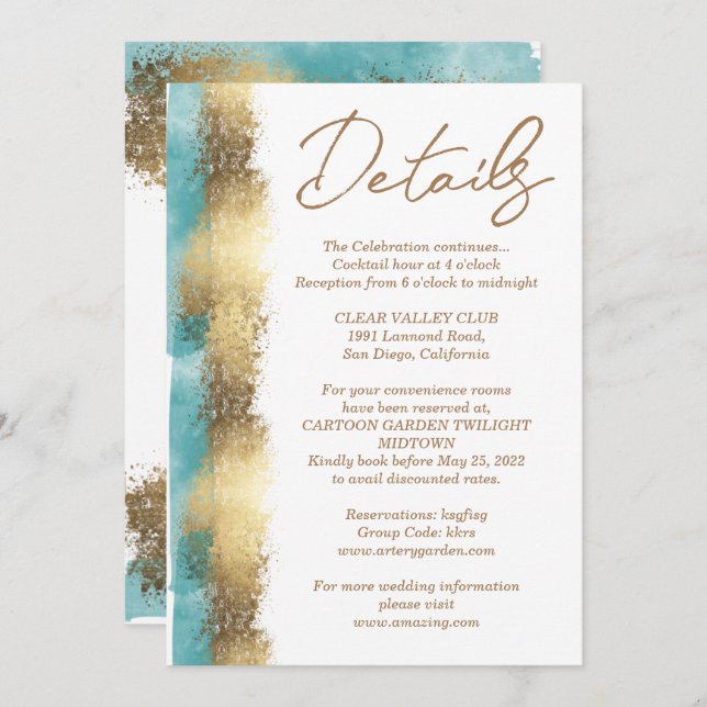 Simple golden foil and aqua blue border minimalist invitation (Front/Back)