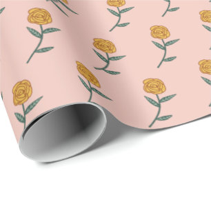 Simple Golden Roses Ditsy Floral Pink Holiday Gift Wrapping Paper