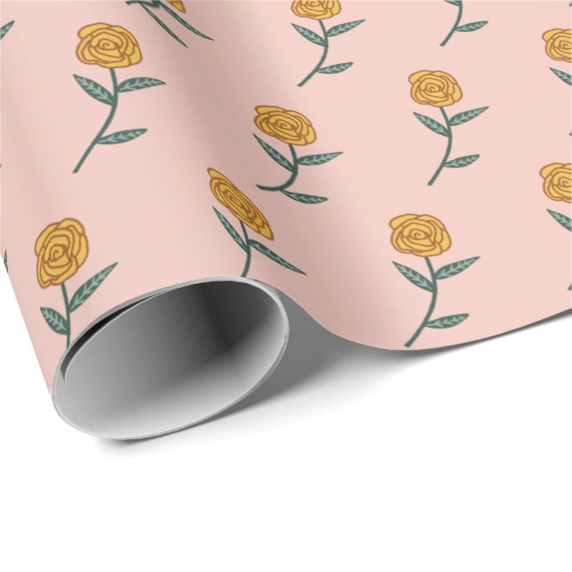 Simple Golden Roses Ditsy Floral Pink Holiday Gift Wrapping Paper (Roll Corner)