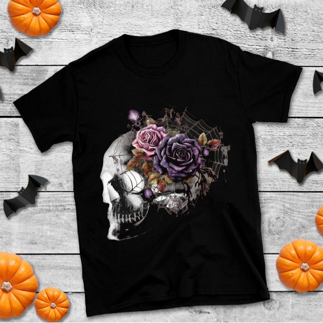 Simple gothic roses & skull Halloween party T-Shirt (Creator Uploaded)