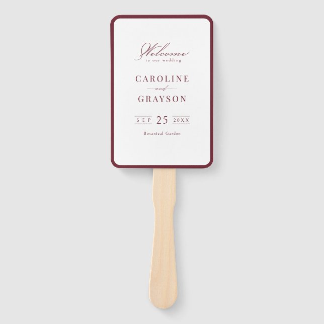 Simple Graceful Script Burgundy Wedding Program Hand Fan (Front)