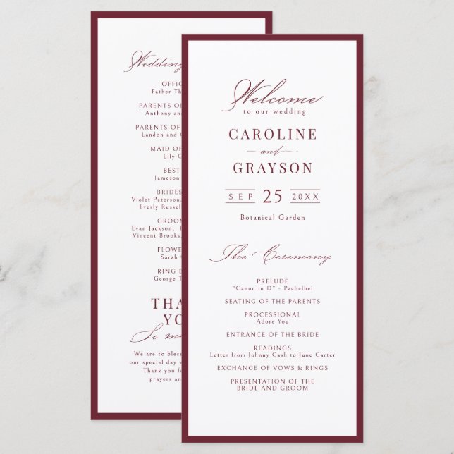 Simple Graceful Script Burgundy Wedding Program Menu (Front/Back)