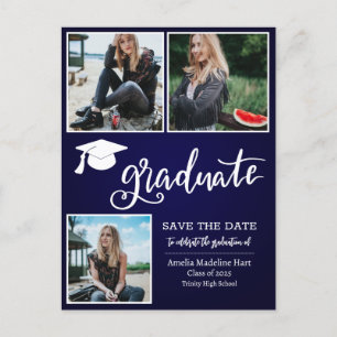 Simple Graduate Script Save The Date Photo Blue Announcement Postcard