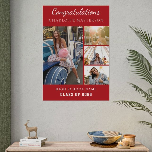Simple Graduation 2026 Photo Collage Red Poster (Graduation 2025 4 Photo Collage Red Poster)