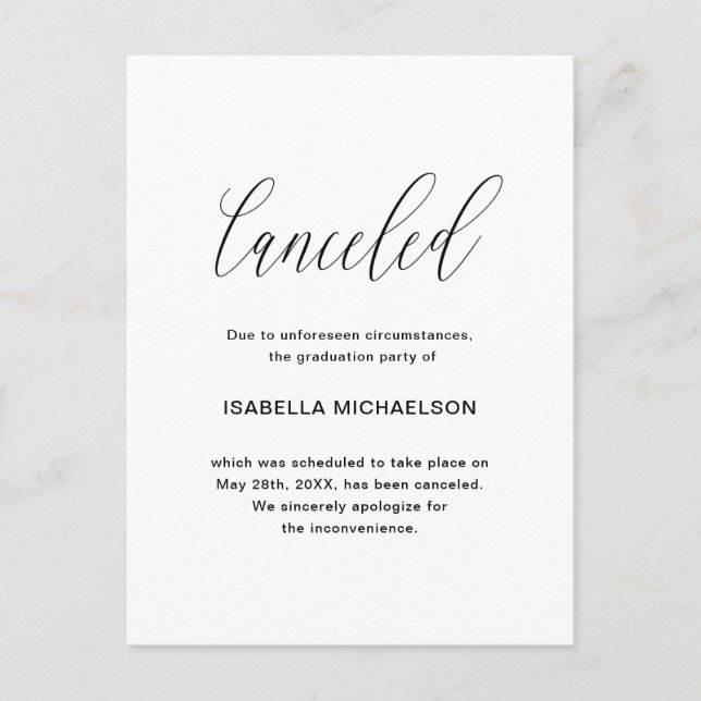 Simple Graduation Party Cancellation Announcement Postcard (Front)