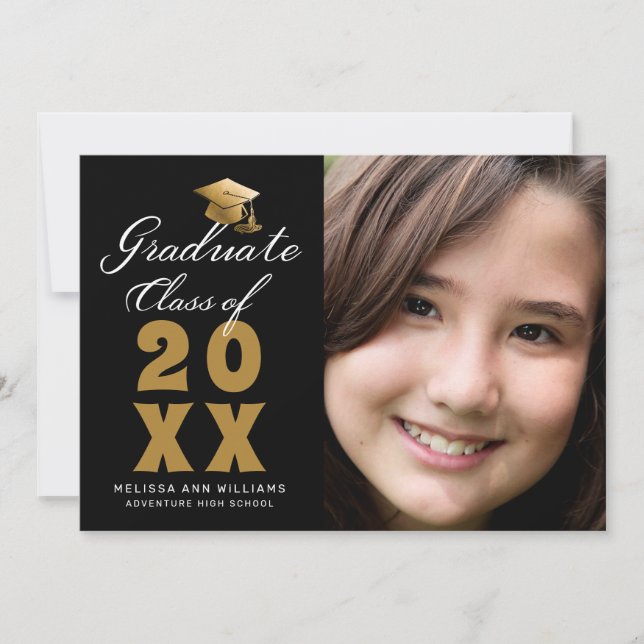 Simple Graduation Photo Black Gold Script 2026 Announcement (Front)