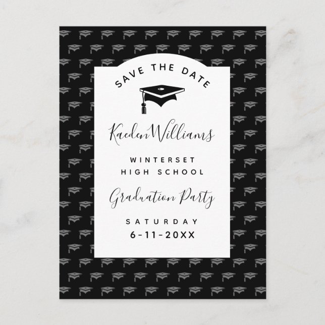 Simple Graduation Save the Date Black Postcard (Front)