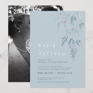Simple grass and berries sketch photo dusty blue invitation