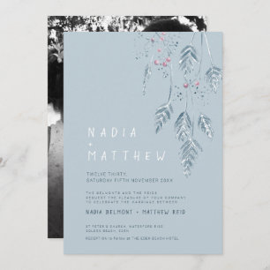 Simple grass and berries sketch photo dusty blue invitation