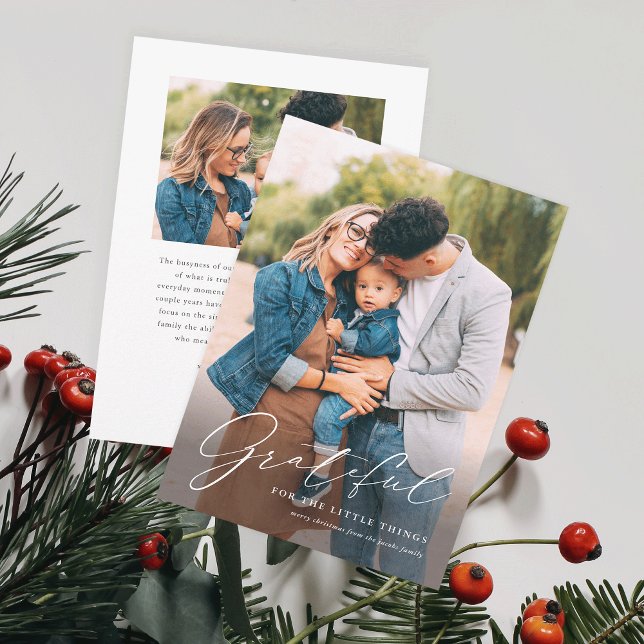 Simple Grateful For The Little Things Christmas Holiday Card (An elegant script grateful photo Christmas holiday card.)