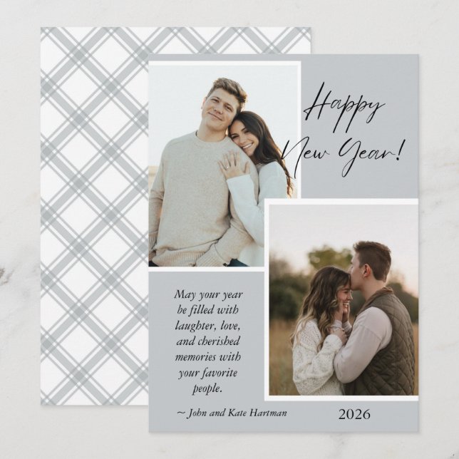 Simple Gray and White New Years Photo Collage Card (Front/Back)