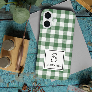 Simple Green and White Plaid Black Monogram & Name iPhone 16 Case