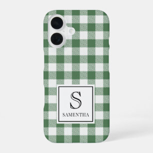 Simple Green and White Plaid Black Monogram & Name iPhone 16 Case
