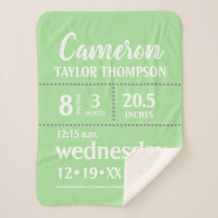Simple Green Baby birth Stat Nursery Sherpa Blanket
