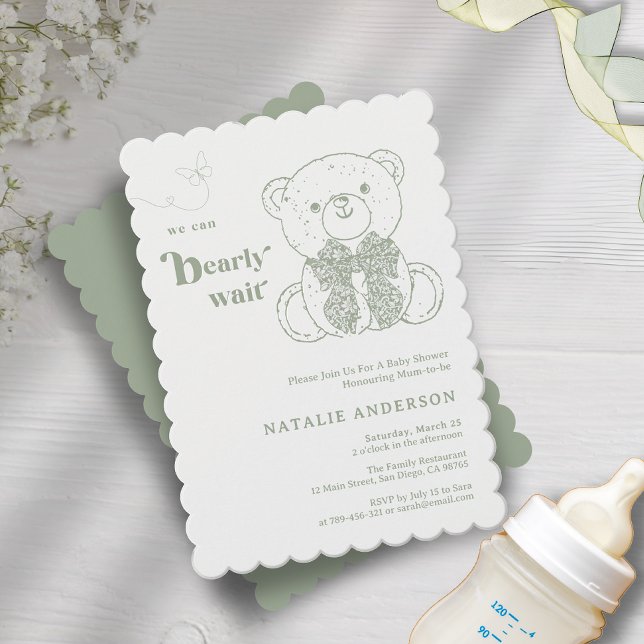 Simple Green Bow We Can Bearly Wait Baby Shower Invitation (Simple Green Bow We Can Bearly Wait Baby Shower Invitation)