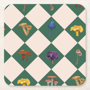 Simple green check with mushrooms square paper coaster