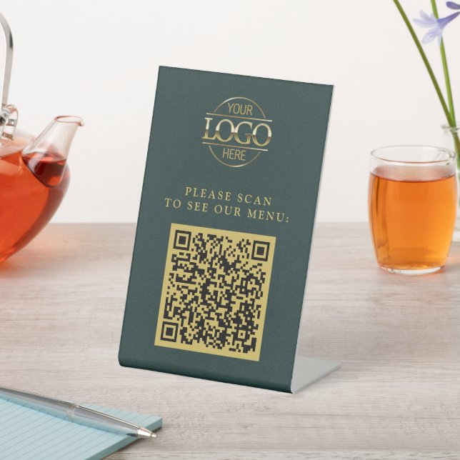 Simple Green Custom Business Logo QR Code Menu  Pedestal Sign (In SItu)