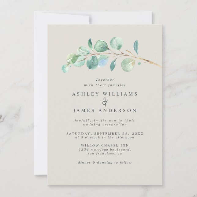 Simple Green Eucalyptus Foliage Light Grey Wedding Invitation (Front)