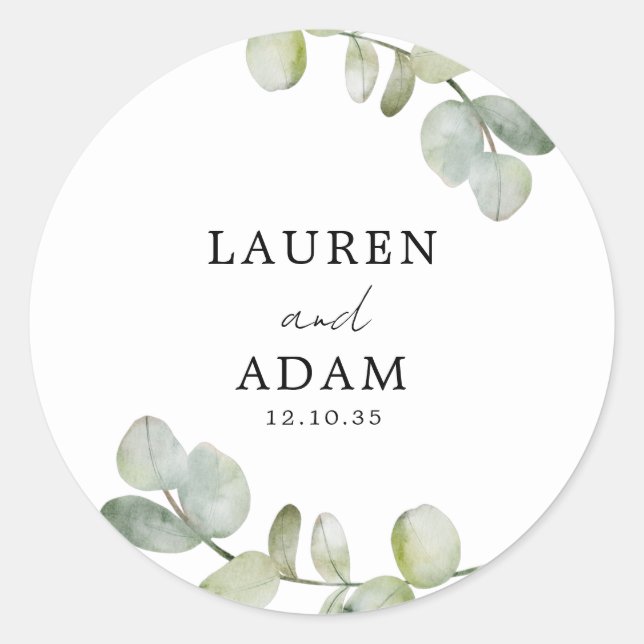 Simple Green Eucalyptus Wedding Classic Round Sticker (Front)