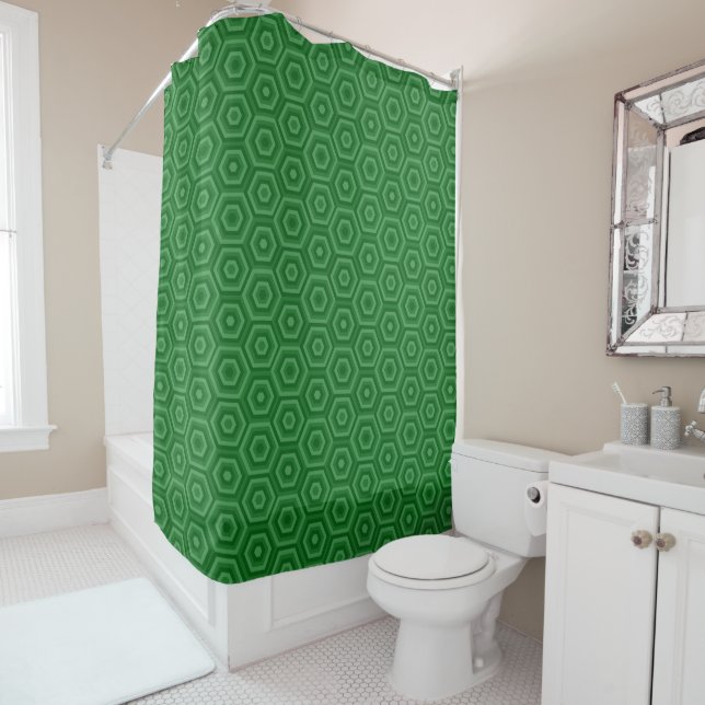 Simple Green Geometric Hexagonal Patterned Shower Curtain (In Situ)