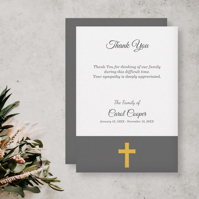 Simple, Green, Gold Cross Funeral Thank You Card (Simple, Green, Gold Cross Funeral Thank You Card)