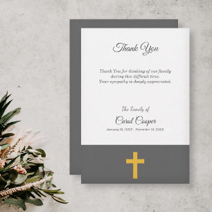 Simple, Green, Gold Cross Funeral Thank You Card
