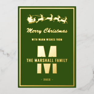 Simple Green Gold Monogram Family Name Christmas
