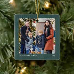 Simple green knit frame one photo Christmas Ceramic Ornament