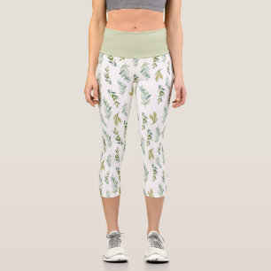 Simple Green Leaf Pattern Capri Leggings