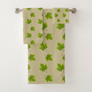 Simple Green Leaf Pattern on Beige Bath Towel Set