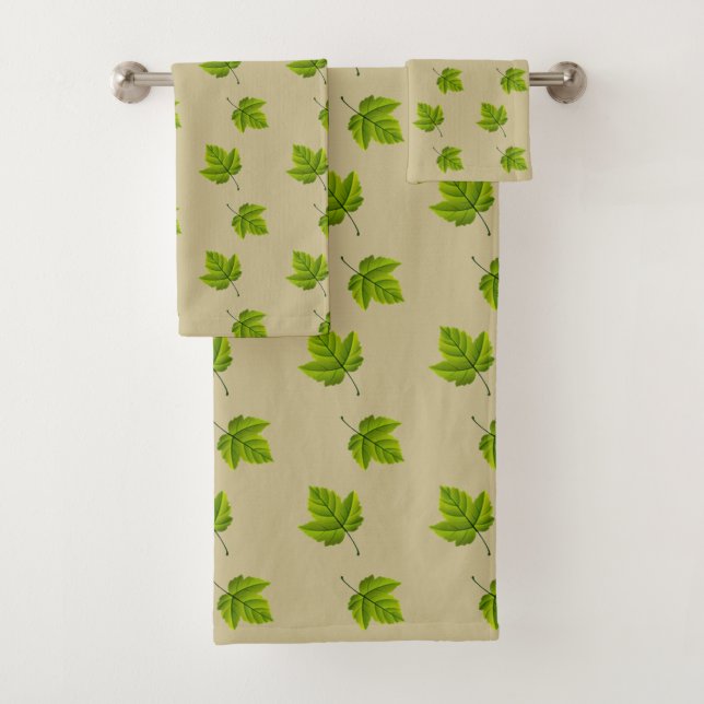 Simple Green Leaf Pattern on Beige Bath Towel Set (Insitu)