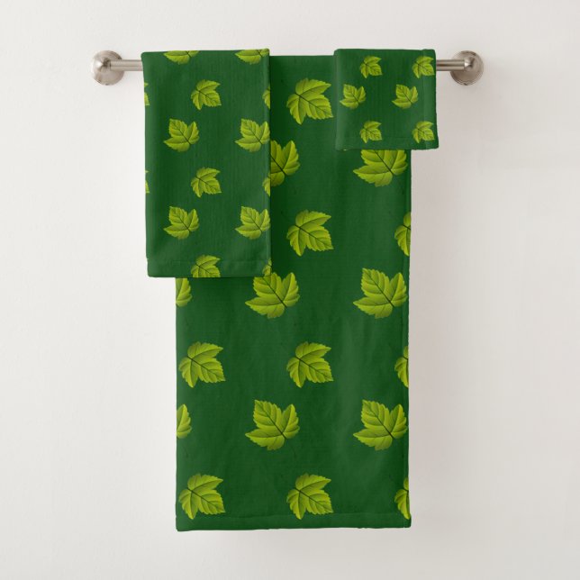 Simple Green Leaf Pattern on Forest Green Bath Towel Set (Insitu)