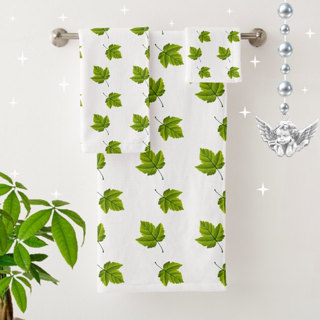 Simple Green Leaf Pattern on White Bath Towel Set (Creator Uploaded)
