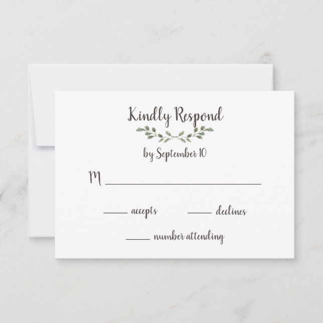 Simple Green Leaves and Handwritten Script Wedding RSVP Card (Front)