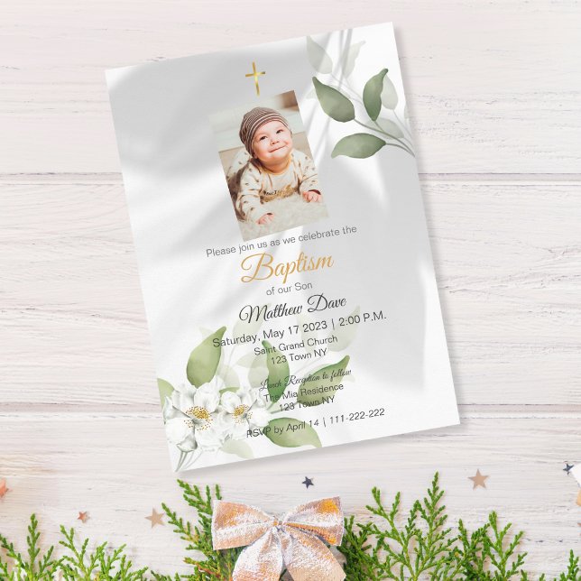 Simple Green leaves Baptism Invitation (Simple Green Leaves Baptism Invite)