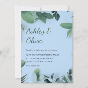 Simple Green Leaves Blue Greenery Wedding Invitation