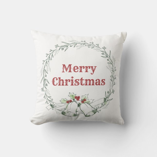 Simple Green Leaves Family Name Wreath Christmas Cushion (Front)