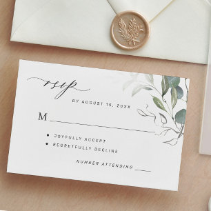 Simple green leaves greenery wedding RSVP card