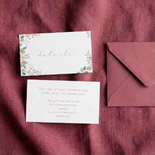 Simple green leaves, pink flowers, details wedding enclosure card